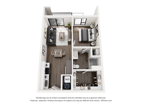 Floor plan for 1 bed, 1 bath, 613 sqft